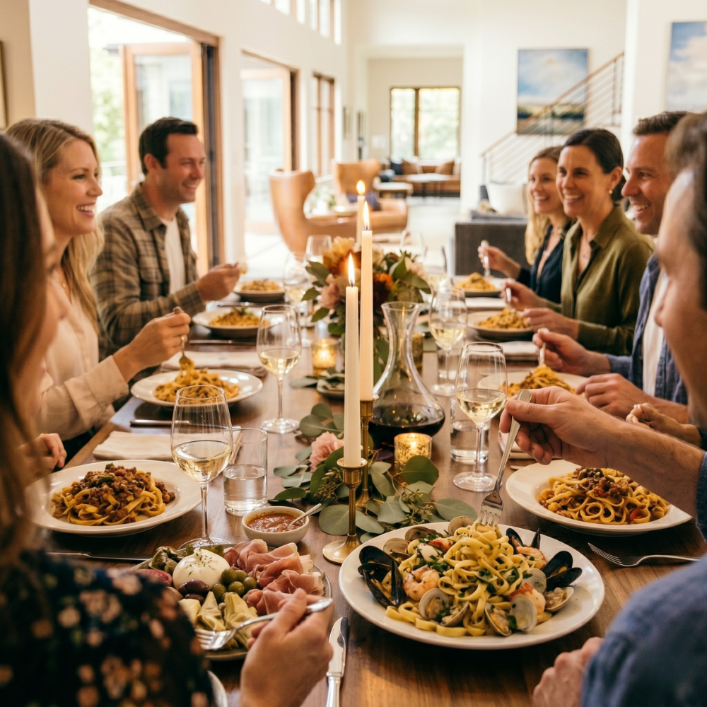 Guests enjoying a private pasta dinner with Chef Mollie in a Montecito home
